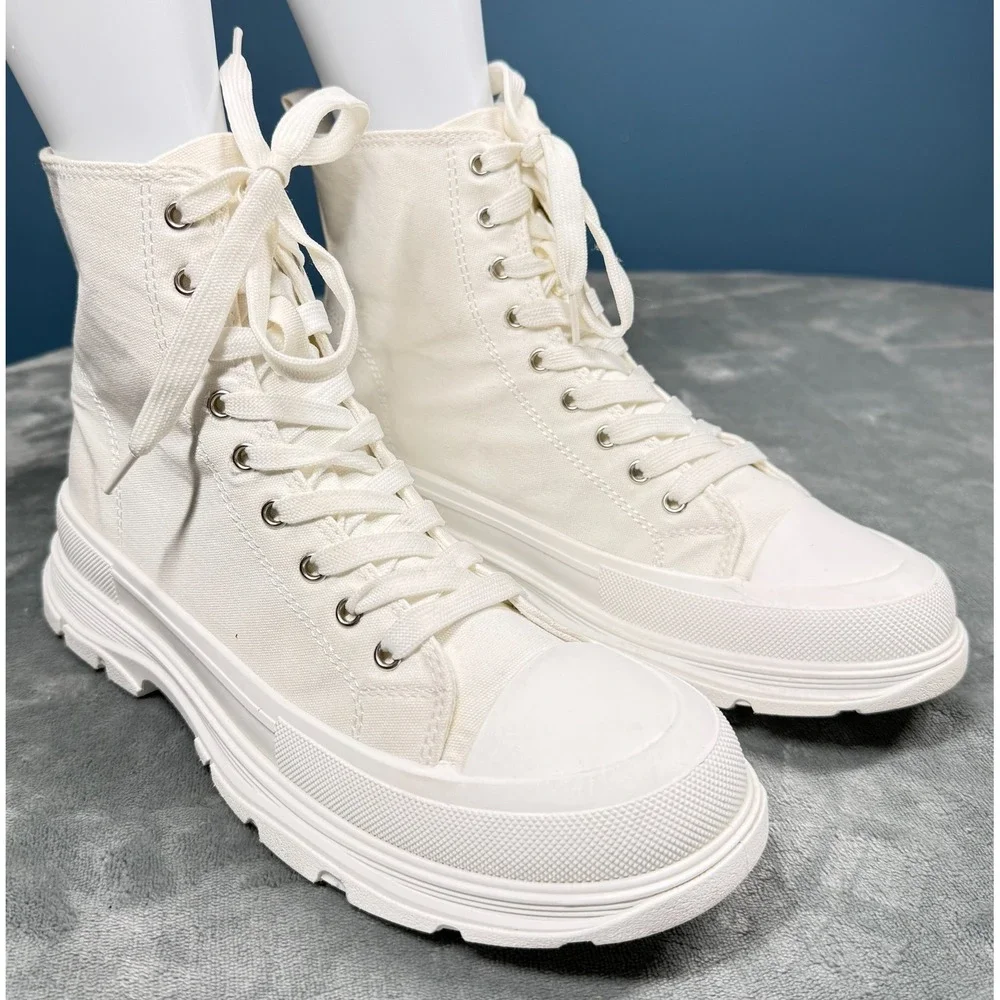 Sheln Platform Sneaker Boots Womens 9 White Canvas High Top Lace Up Chunky